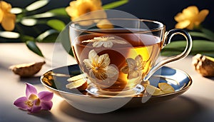 a cup of ginger tea with lemon, morning tea to tone up, healthy eating and natural drinks,