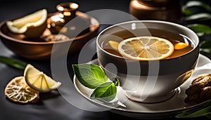 a cup of ginger tea with lemon, morning tea to tone up, healthy eating and natural drinks,