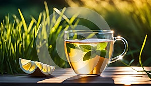 a cup of ginger tea with lemon, morning tea to tone up, healthy eating and natural drinks,