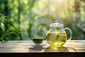 A cup and glass teapot of green freshly brewed tea in the sunny morning light in front of the window