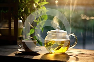 A cup and glass teapot of green hot freshly brewed tea in the sunny morning light in front of the