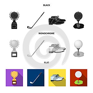 Cup, golf club, ball on the stand, golfer shoes.Golf club set collection icons in black, flat, monochrome style vector