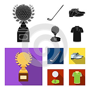 Cup, golf club, ball on the stand, golfer shoes.Golf club set collection icons in black, flat style vector symbol stock