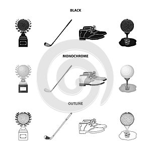 Cup, golf club, ball on the stand, golfer shoes.Golf club set collection icons in black,monochrome,outline style vector