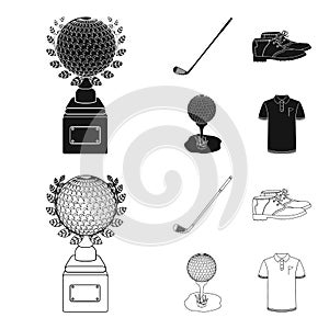 Cup, golf club, ball on the stand, golfer shoes.Golf club set collection icons in black,outline style vector symbol