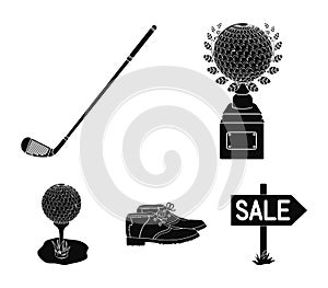 Cup, golf club, ball on the stand, golfer shoes.Golf club set collection icons in black style vector symbol stock