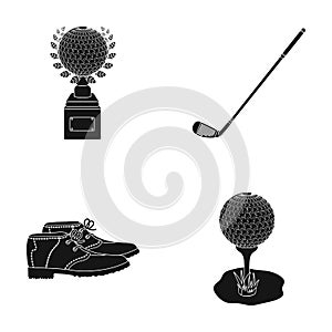 Cup, golf club, ball on the stand, golfer shoes.Golf club set collection icons in black style vector symbol stock