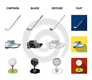 Cup, golf club, ball on the stand, golfer shoes.Golf club set collection icons in cartoon,black,outline,flat style