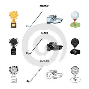 Cup, golf club, ball on the stand, golfer shoes.Golf club set collection icons in cartoon,black,outline style vector