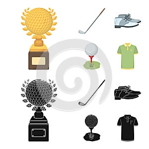 Cup, golf club, ball on the stand, golfer shoes.Golf club set collection icons in cartoon,black style vector symbol