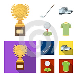 Cup, golf club, ball on the stand, golfer shoes.Golf club set collection icons in cartoon,flat style vector symbol stock