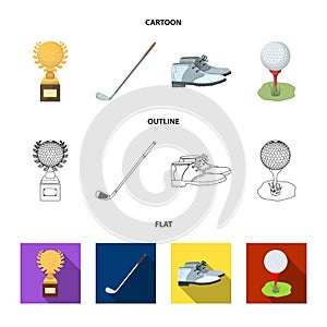 Cup, golf club, ball on the stand, golfer shoes.Golf club set collection icons in cartoon,outline,flat style vector