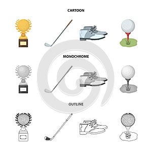 Cup, golf club, ball on the stand, golfer shoes.Golf club set collection icons in cartoon,outline,monochrome style