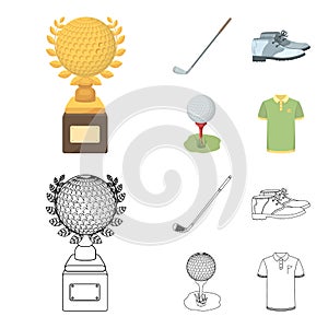 Cup, golf club, ball on the stand, golfer shoes.Golf club set collection icons in cartoon,outline style vector symbol