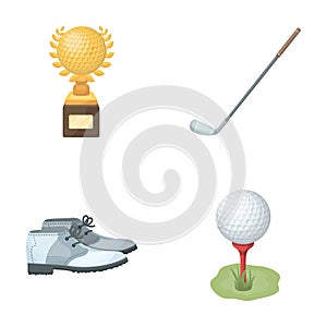 Cup, golf club, ball on the stand, golfer shoes.Golf club set collection icons in cartoon style vector symbol stock