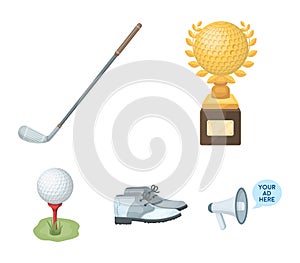 Cup, golf club, ball on the stand, golfer shoes.Golf club set collection icons in cartoon style vector symbol stock