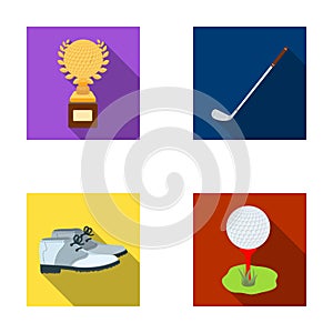 Cup, golf club, ball on the stand, golfer shoes.Golf club set collection icons in flat style vector symbol stock