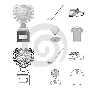 Cup, golf club, ball on the stand, golfer shoes.Golf club set collection icons in outline,monochrome style vector symbol