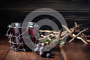 A cup of grape juice with wooden cross and metal Barbed Wire made like the crown of thorns of Jesus on wooden