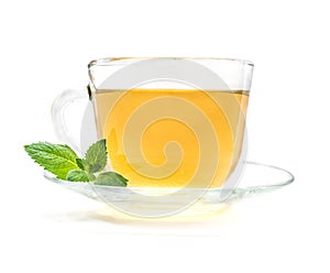 Cup of green chamomile tea with mint