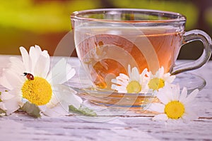 cup of green medicinal tea from lipovyz flowers on the table.