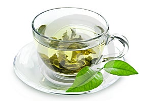 Tazza verde tè un foglie verdi 