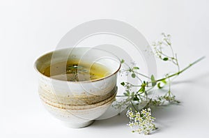 cup of green tea and herb on white background