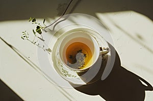 cup of green tea and herb on white background