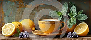 a cup of green tea, herbs and some lemons on wooden table, in the style of violet and amber, baroque grandiosity