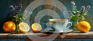 a cup of green tea, herbs and some lemons on wooden table, in the style of violet and amber, baroque grandiosity photo