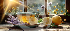 a cup of green tea, herbs and some lemons on wooden table, in the style of violet and amber, baroque grandiosity photo