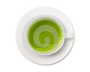 Cup of green tea matcha isolated on white background, Top view with clipping path