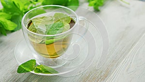 Cup of green tea with mint and lemon