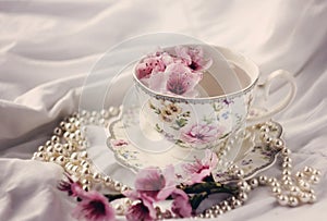 cup with green tea and peach flowers. Photo