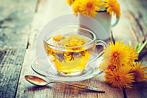 Cup of healthy dandelion tea. Herbal medicine.