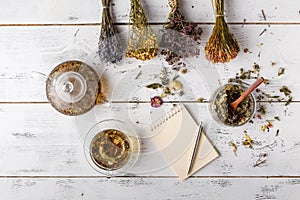 Cup of healthy tea, honey, healing herbs, herbal tea assortment and berries on table. Top view. Herbal medicine.