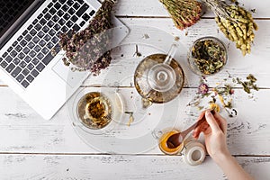 Cup of healthy tea, honey, healing herbs, herbal tea assortment and berries on table. Top view. Herbal medicine.