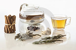 Cup of healthy winter tea with herbs and spices