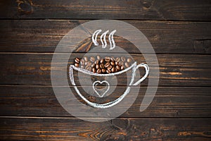 Cup and heart drawn with chalk on the old vintage wooden board.