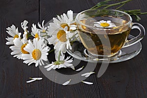 Cup of herbal chamomile tea with fresh daisy flowers on wooden background. doctor treatment and prevention of immune concept