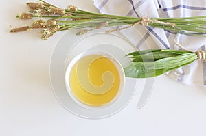 A cup of herbal tea against cough with fresh ribwort plantain leaves.Hebal medicine. Minimalism. Beautiful spring wildflowers .