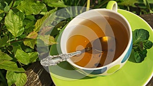 A cup of herbal tea (brewed raspberry and blackcurrant leaves) with a silver spoon in a spring-summer garden