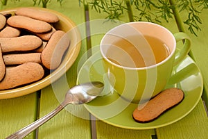 Cup of herbal tea, Cat tongues biscuits, tea time.