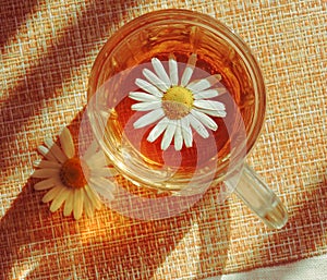 Cup of herbal tea with chamomile flowers. Healthy natural chamomile herbal.Herbal tea on a white wooden background