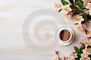 Cup of herbal tea with flowers, top view on light grey background with copy space