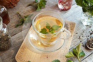 A cup of herbal tea with fresh stinging nettles