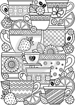 A cup of herbal tea for a good day. Coloring book for Adult