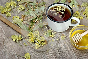 Cup of herbal tea. medicinal herbs. close-up. remedy for flu and cold