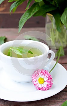 Cup of herbal tea with wild camomilles, mint and flowers