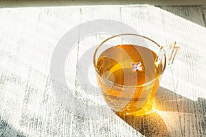 Cup of herbal tea on wooden background. Glass cup. Rays of sunlight